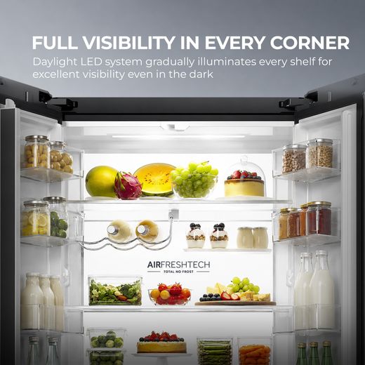 Haier Space Fit American Fridge Freezer - Obsidian Black - Annotation - Daylight LED system